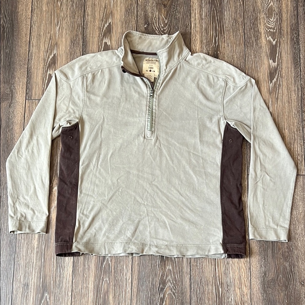 Mondetta Cabelas Men's Large Beige and Brown Quarter-Zip Long Sleeve Shirt